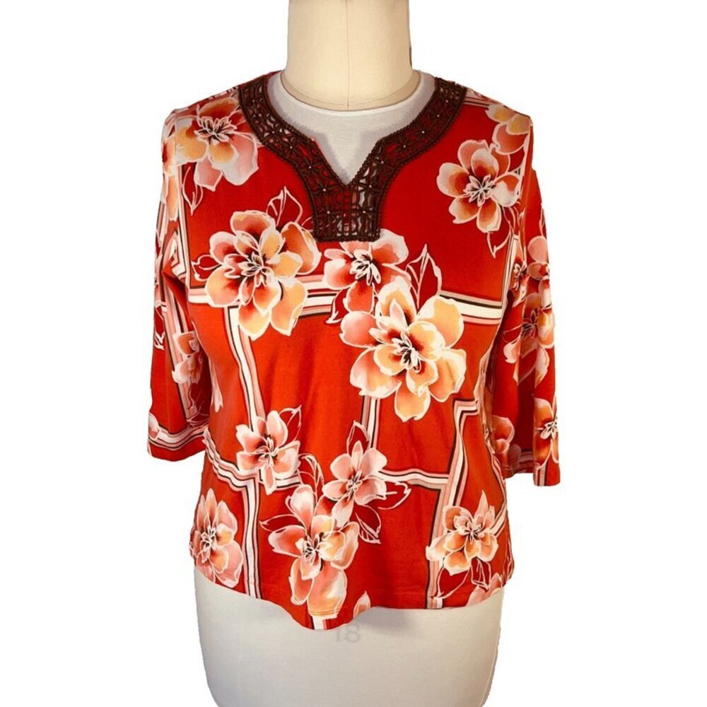 Alfred Dunner - Knit Top Women's PL Red Floral Brown Crochet Notch Neck 3/4 Slve